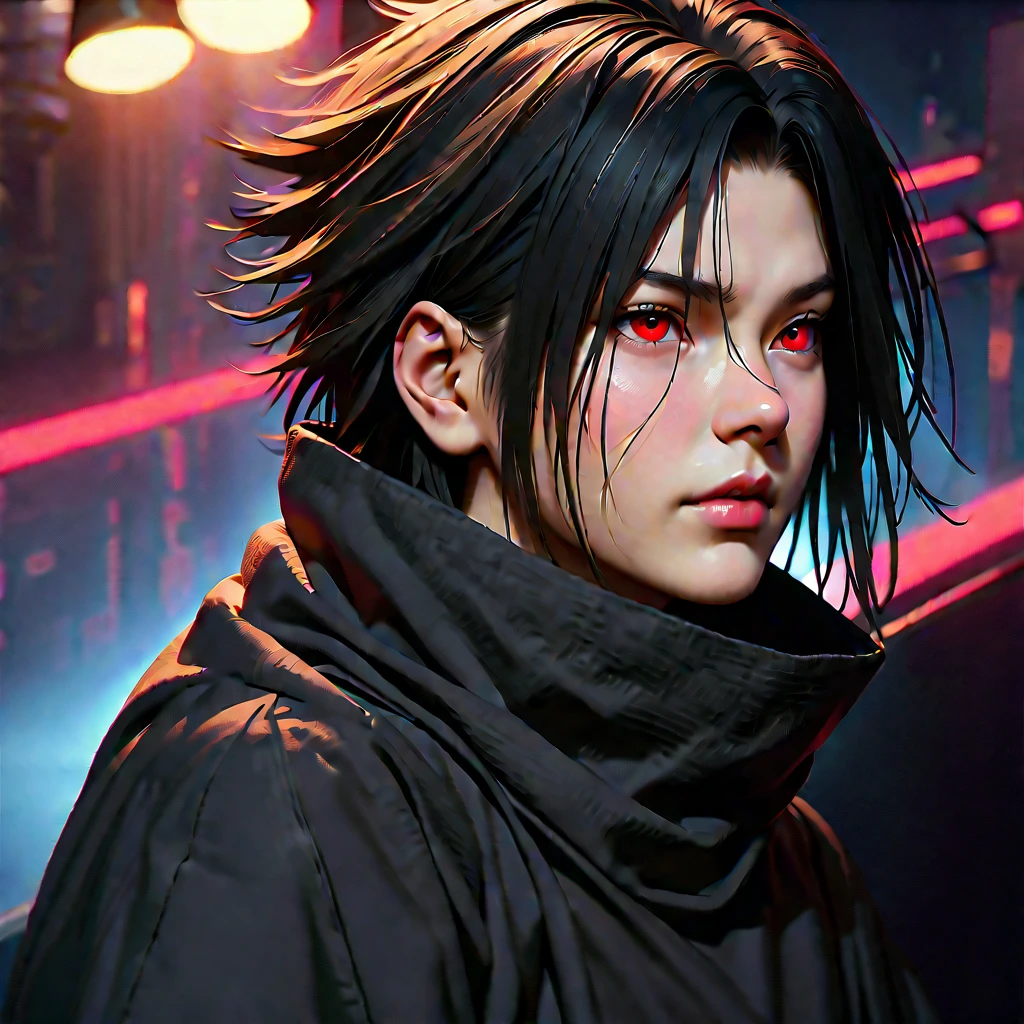 A captivating Dutch-shot of Sasuke, his magnificent red crystalline Sharingan eyes awakening and emitting a radiant reflective red light, against a background of falling crow's feathers, 4k, UHD, HDR, ultra-detailed, realistic, photorealistic, sharp focus, physically-based rendering, vivid colors, studio lighting, masterpiece