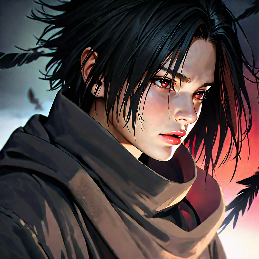 A captivating Dutch-shot of Sasuke, his magnificent red crystalline Sharingan eyes awakening and emitting a radiant reflective red light, against a background of falling crow's feathers, 4k, UHD, HDR, ultra-detailed, realistic, photorealistic, sharp focus, physically-based rendering, vivid colors, studio lighting, masterpiece