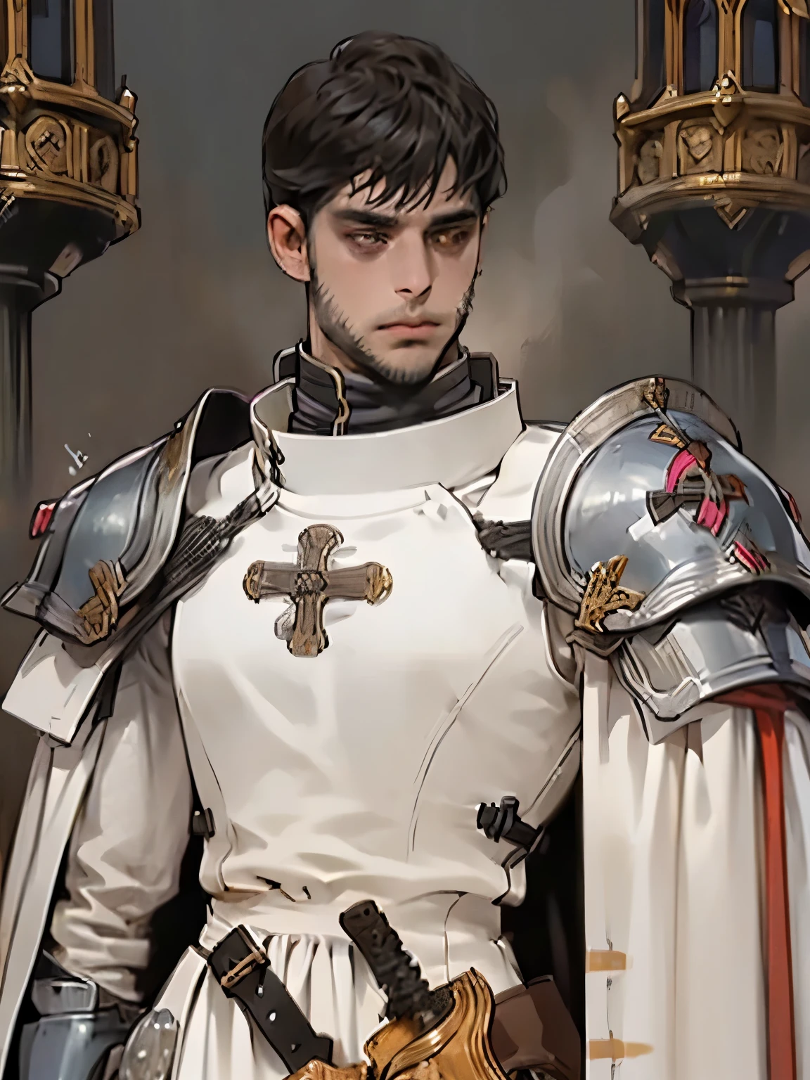 (((man))), dark brown hair, ((short beard)), Dark-skinned man, short hair, yellow eyes, medieval knight costume, army captain armor, silverarmor, medieval clothing 19th century, detailed face, detailed clothing, Beautiful, Inside the palace,, With a sword, cold look, rude