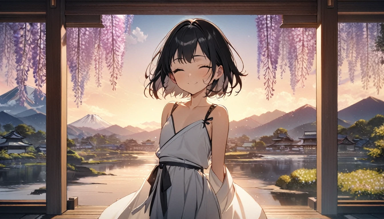 1girl, solo, flat chest, short hair, black hair, standing, gentle smile on her face((masterpiece, illustration, best quality), eyes closed, ((best quality)), ((masterpiece)), mdjrny-pprct, japanese architecture, Sakura, wisteria, flower garden, mountains and rivers, Clouds (high detial: 1.2)、evening glow