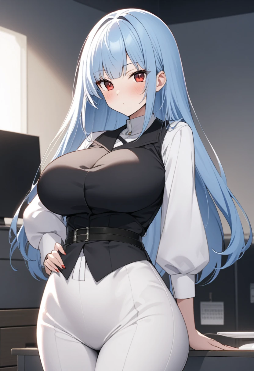My name is Yukiko.I am a white test woman with long light blue hair,red eye color.I am 1.62 cm tall . My breasts measure 200 cm, my waist 40 cm and my hips 200 cm . With big breasts 200 cm
