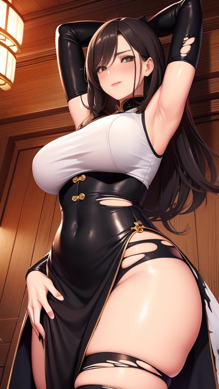 Highest quality,masterpiece,One girl, mature_Lady, (torn Clothes:1.3), blush,,White vest, Black leather pants,Black leather jacket,In a traditional Chinese room,floating_Clothes