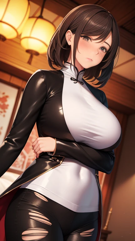 Highest quality,masterpiece,One girl, _Lady, (torn Clothes:1.3), blush,,White vest, Black leather pants,Black leather jacket,In a traditional Chinese room,floating_Clothes