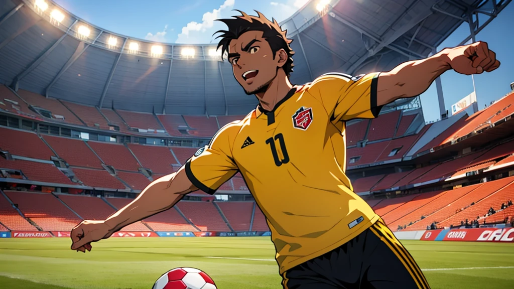 Miguel Grau playing soccer at the national stadium of Peru in an anime style like the super champions