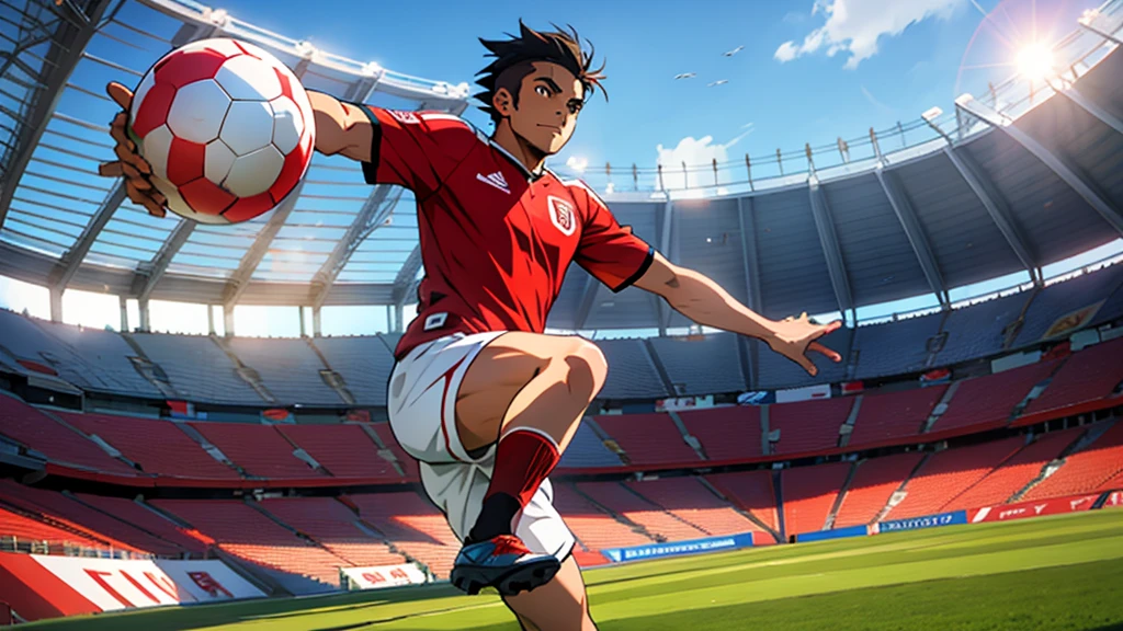 Miguel Grau playing soccer at the national stadium of Peru in an anime style like the super champions