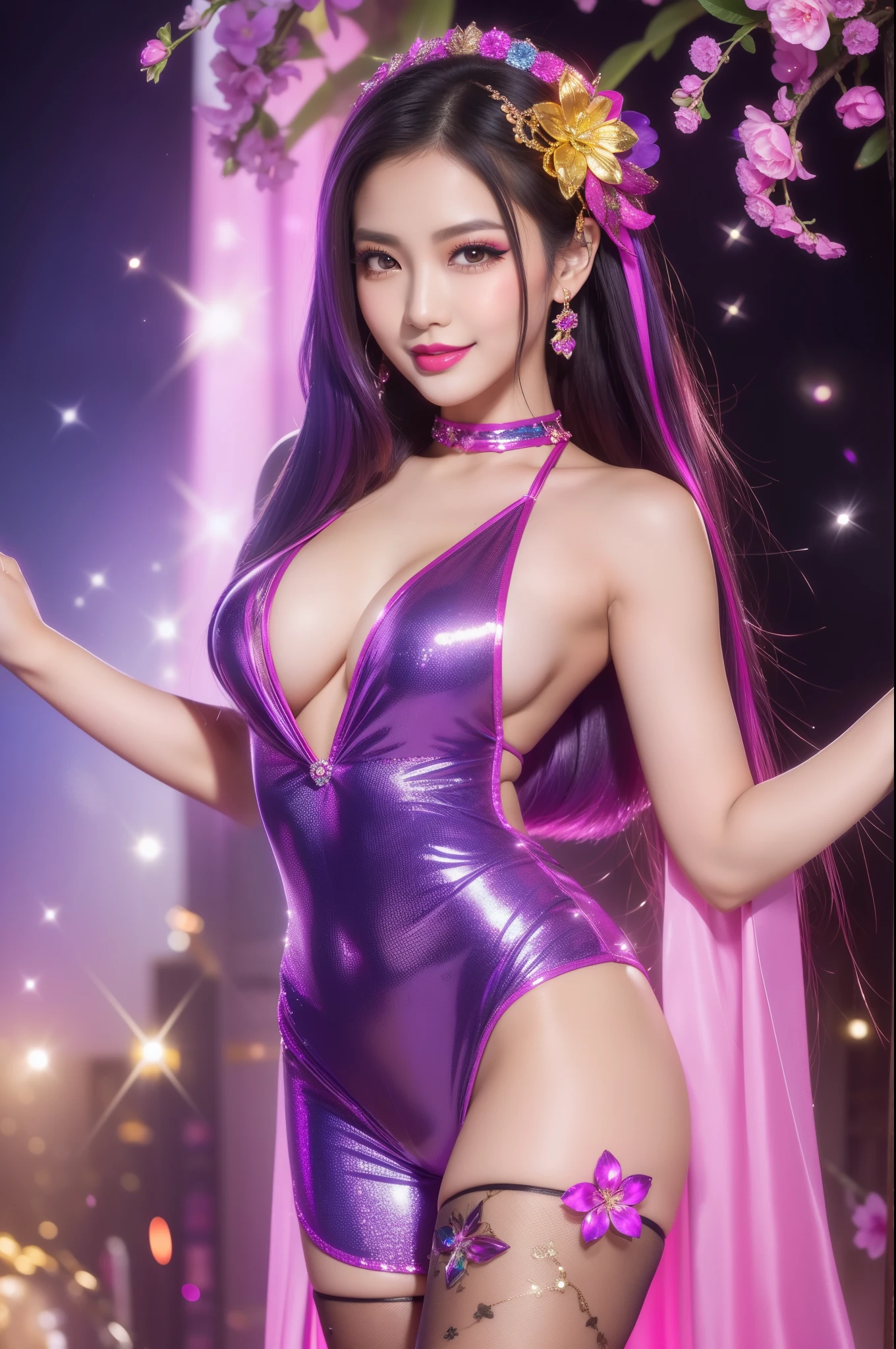 sexy Thai model who controls poison、beautiful smile、lip-gloss、bold lipstick、long lashes、colorful metallic makeup、look at the camera、full body Esbian、、sparkling poisoned flower costume、、、、sparkling Colorful hair、secrete poison、skull hair accessories、sexy tights、shiny sparkling flowers background