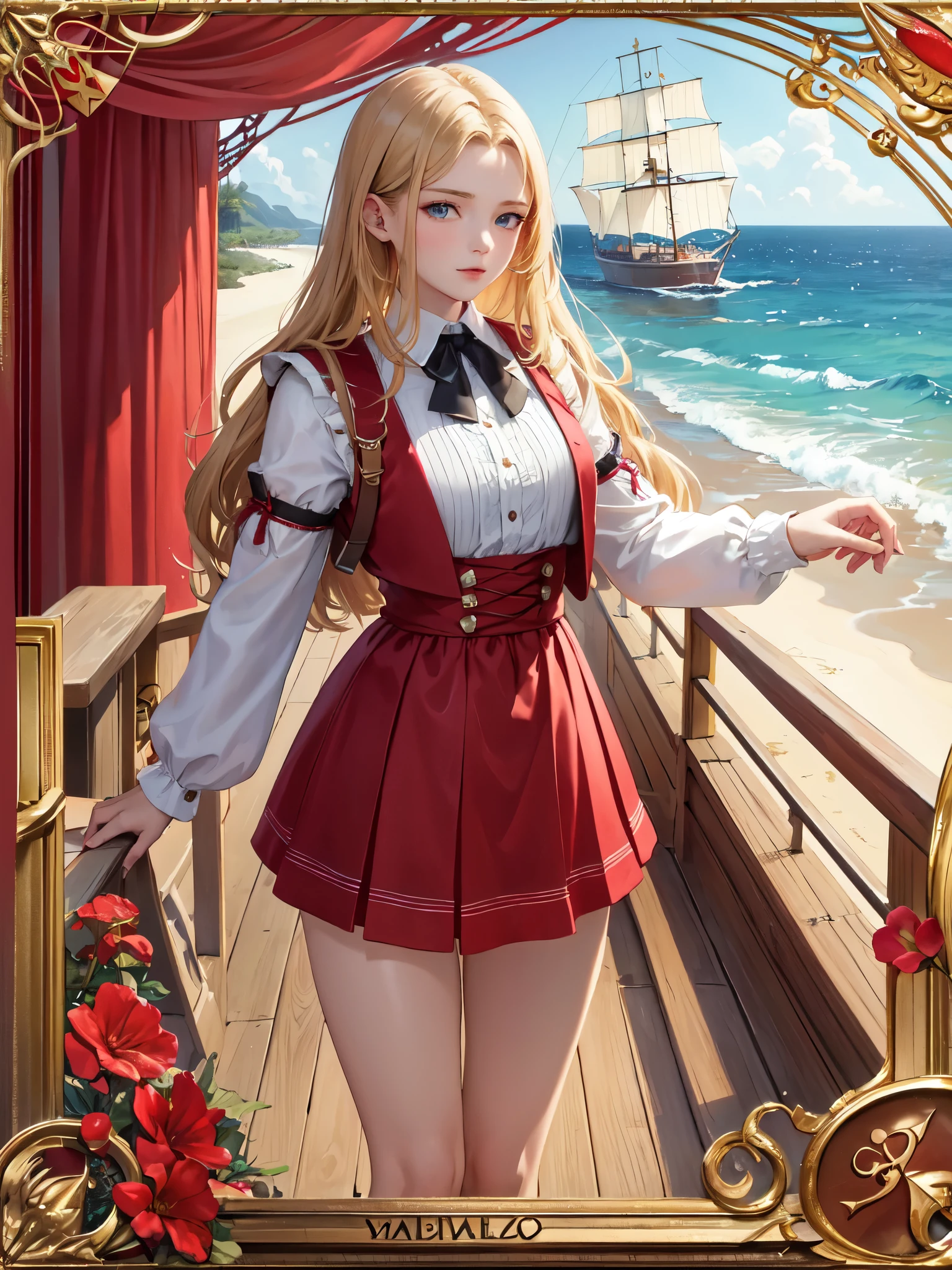 (masterpiece, super high quality, Very detailed), landscape, Young girl, absolute, Scarlet Sails, Girl looking at the sea from the beach, Camera staring at the sea, Intricate details, sailing ship with Scarlet Sails, A scene from an Alexander Green novel "Scarlet Sails"