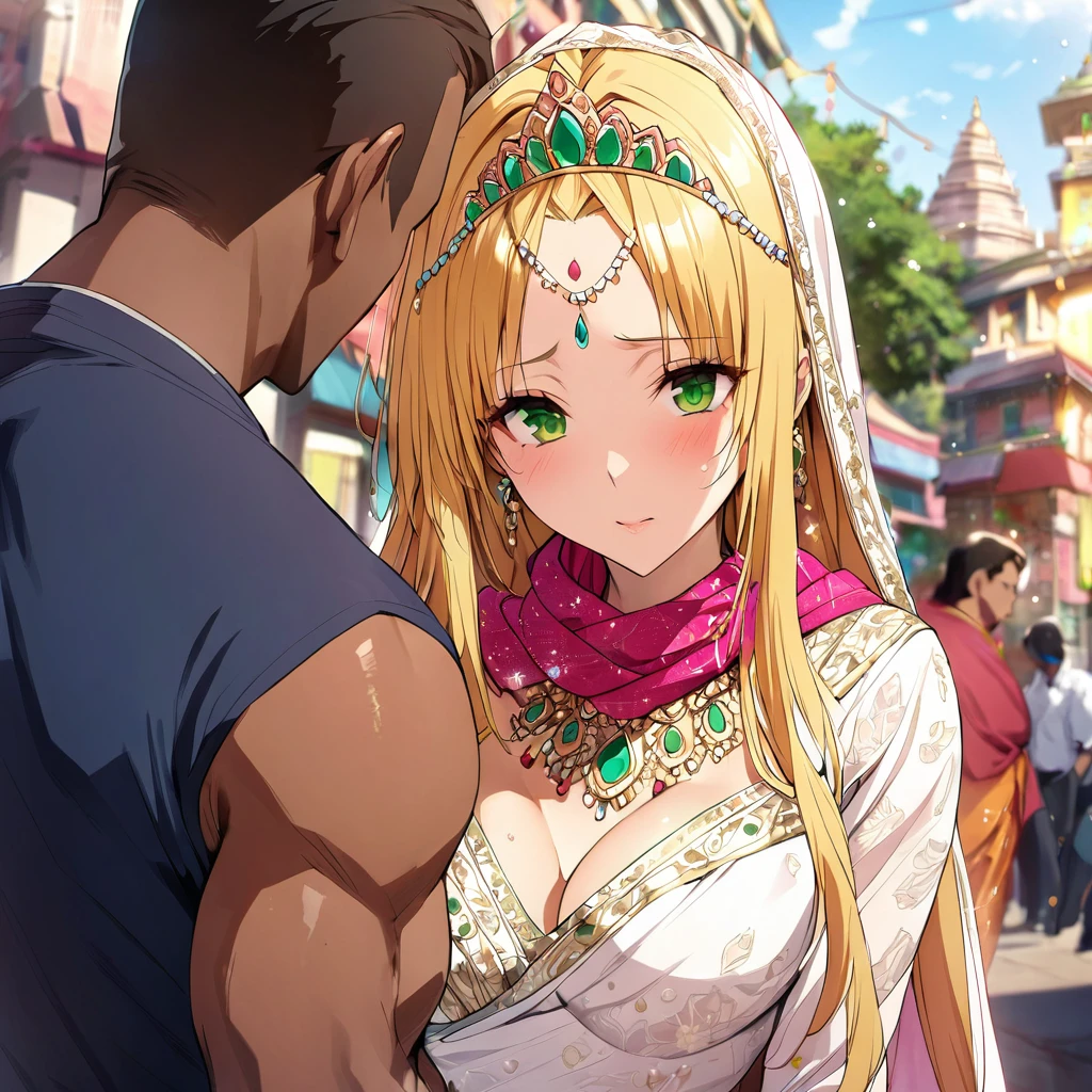 A woman is raped and violated by a man、((Highest quality)), ((masterpiece)), (detailed), （Perfect Face）、The woman is a Hindu Indian Tiara with vivid brown skin and a red bindi on her forehead, and is seen in an Indian city, wearing a gorgeous and glittering traditional Indian wedding dress, a colorful sari, a colorful hijab, a bindi, a gorgeous hair ornament, gorgeous jeweled accessories, and an engagement ring, in a luxurious Indian mansion.、The woman is an elegant Tiara with green eyes and medium-long blonde hair. She is wearing a colorful sari and a colorful hijab. She has bright brown skin and a red bindi on her forehead. She is a Hindu Indian Tiara.、（The woman is a brown-skinned Indian Tiara.）