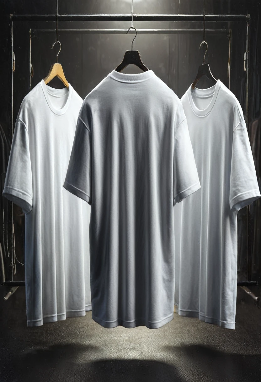 mockup of plain white t-shirts, oversized model, hanging on hangers. The image must show at least three t-shirts hanging, highlighting the back, with a dark gym/factory background, to highlight the t-shirts. The featured t-shirt must show the back and the others shown from the front. Furthermore, the image should allow for easy addition of designs or images on the t-shirts in the mockup. T-shirts must be well defined and in high resolution