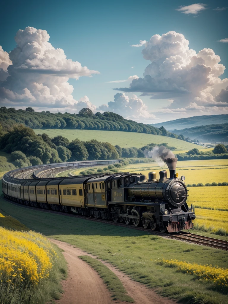 Create a train with black color and yellow details, moving image, light background, Art Canvas, locomotive artistic painting. exuberante, impressive. blue sky. day Of course. green field in the background. Animals in the field.