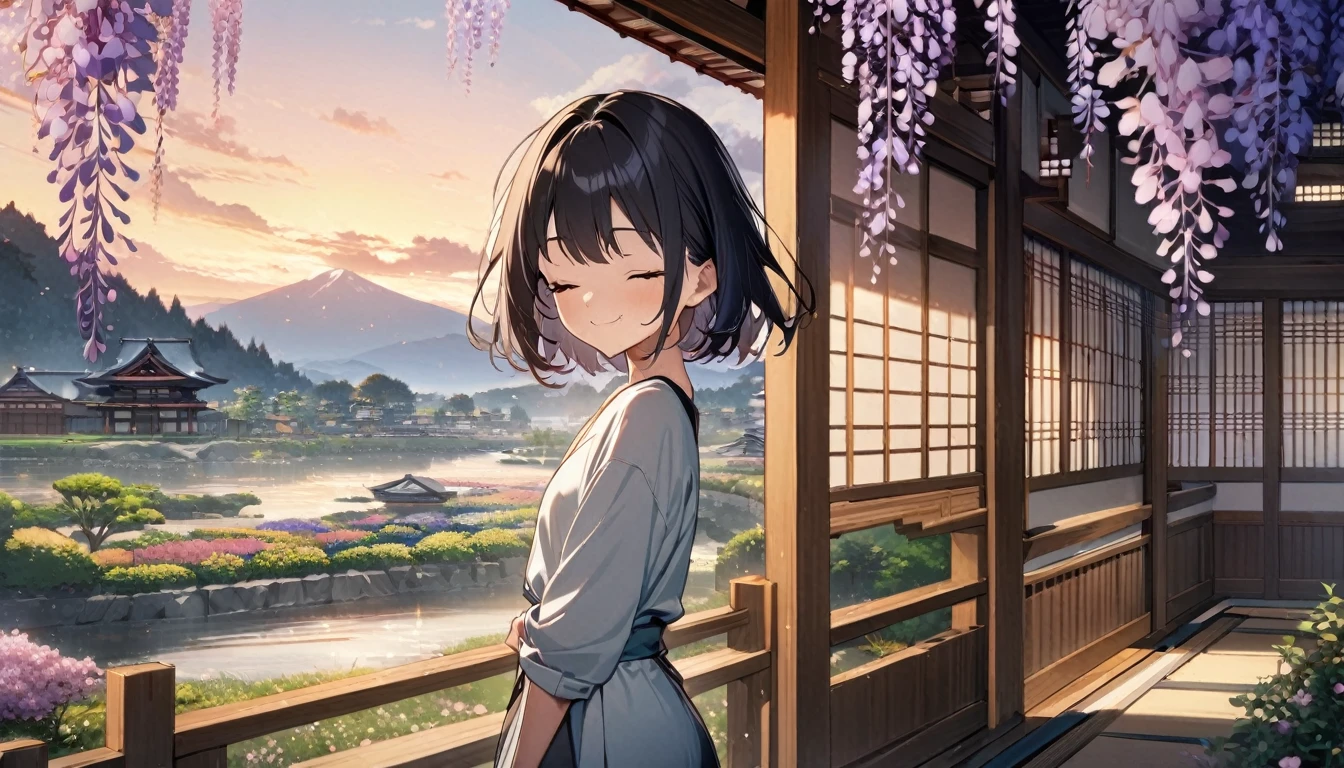 1girl, solo, flat chest, short hair, black hair, standing, gentle smile on her face((masterpiece, illustration, best quality), eyes closed, ((best quality)), ((masterpiece)), mdjrny-pprct, japanese architecture, Sakura, wisteria, flower garden, mountains and rivers, Clouds (high detial: 1.2)、evening glow