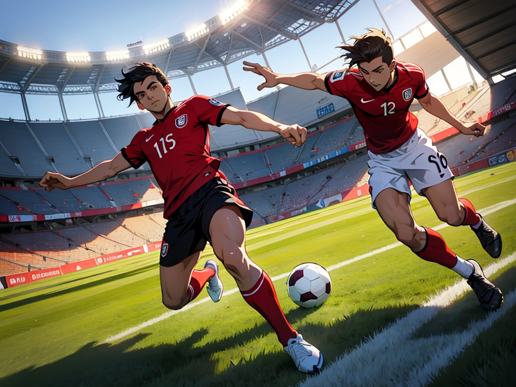 Miguel Grau playing soccer at the national stadium of Peru in an anime style like the super champions