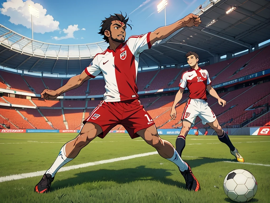 Miguel Grau playing soccer at the national stadium of Peru in an anime style like the super champions
