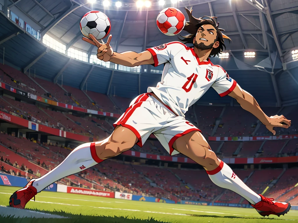 Miguel Grau playing soccer at the national stadium of Peru in an anime style like the super champions