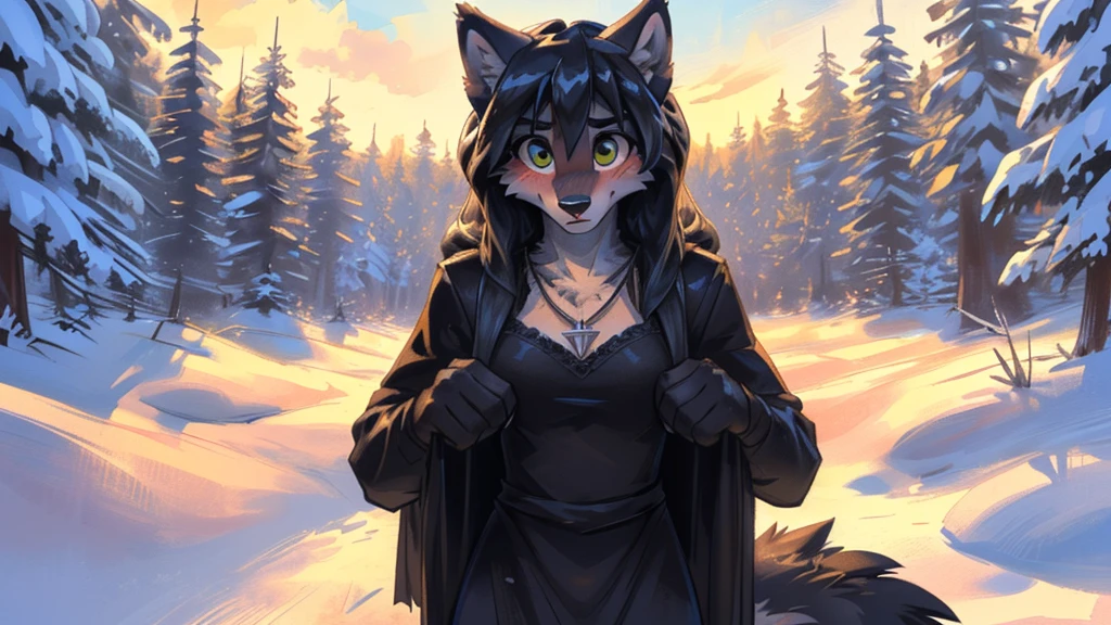 ((( white wolf ))), ((female)) sexy, uploaded to E621, beautiful and professional detailed of a anthropomorphic white wolf, ((A long, black velvet dress with thoughtfully tattered details and a necklace inscribed with an "M")) (( Morticia Addams )) (( in a snow covered pine forest)), uploaded to E621, ((by fluff-kevlar, by Zackary911, by Kenket, by Kilinah, by fluff-kevlar)), detailed large green eyes, medium breast, large fluffy tail, slim toned body, teenager ((18years)), ((big eyes)) solo, alarmed, surprised, skinny, extremely shy, (( embarrassed blush, front view))