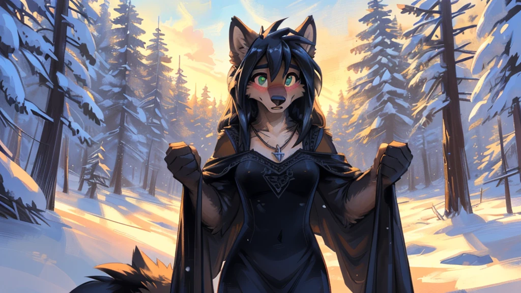 ((( white wolf ))), ((female)) sexy, uploaded to E621, beautiful and professional detailed of a anthropomorphic white wolf, ((A long, black velvet dress with thoughtfully tattered details and a necklace inscribed with an "M")) (( Morticia Addams )) (( in a snow covered pine forest)), uploaded to E621, ((by fluff-kevlar, by Zackary911, by Kenket, by Kilinah, by fluff-kevlar)), detailed large green eyes, medium breast, large fluffy tail, slim toned body, teenager ((18years)), ((big eyes)) solo, alarmed, surprised, skinny, extremely shy, (( embarrassed blush, front view))