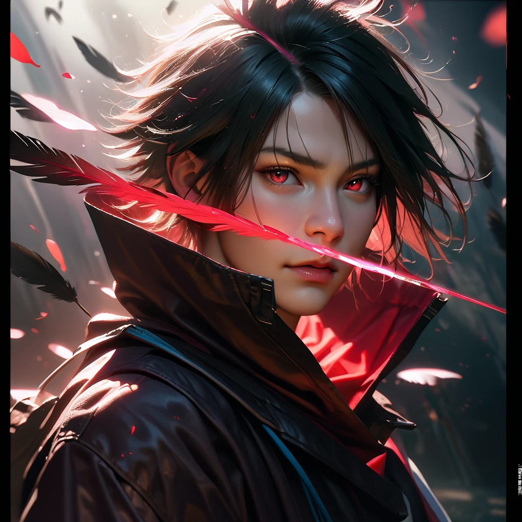 A captivating Dutch-shot of Sasuke, his magnificent red crystalline Sharingan eyes awakening and emitting a radiant reflective red light, against a background of falling crow's feathers, 4k, UHD, HDR, ultra-detailed, realistic, photorealistic, sharp focus, physically-based rendering, vivid colors, studio lighting, masterpiece