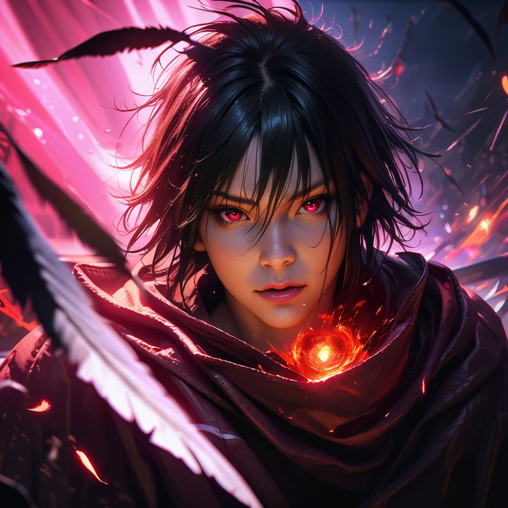 A captivating Dutch-shot of Sasuke, his magnificent red crystalline Sharingan eyes awakening and emitting a radiant reflective red light, against a background of falling crow's feathers, 4k, UHD, HDR, ultra-detailed, realistic, photorealistic, sharp focus, physically-based rendering, vivid colors, studio lighting, masterpiece