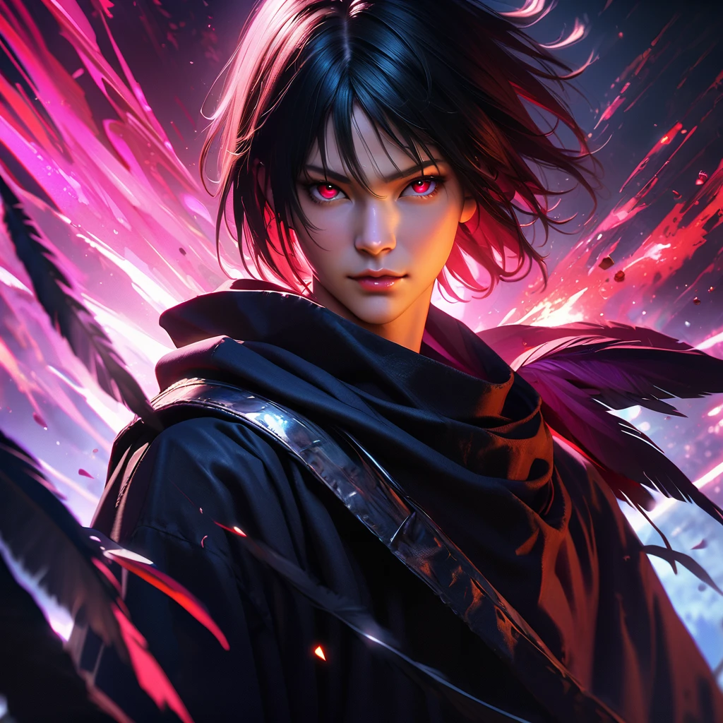 A captivating Dutch-shot of Sasuke, his magnificent red crystalline Sharingan eyes awakening and emitting a radiant reflective red light, against a background of falling crow's feathers, 4k, UHD, HDR, ultra-detailed, realistic, photorealistic, sharp focus, physically-based rendering, vivid colors, studio lighting, masterpiece