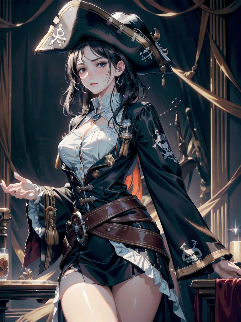 absurdres, RAW photo, extremely delicate and beautiful, masterpiece, Best Quality, ultra high resolution, 32k, hyperrealistic, ultra-detailed, delicate facial features, beautiful detailed woman, tearful mole, earring, medium breasts, full body shot, medium hair, black hair, (Practical pirate clothing), Long-sleeved pirate top, Skirt, torn pirate hat,