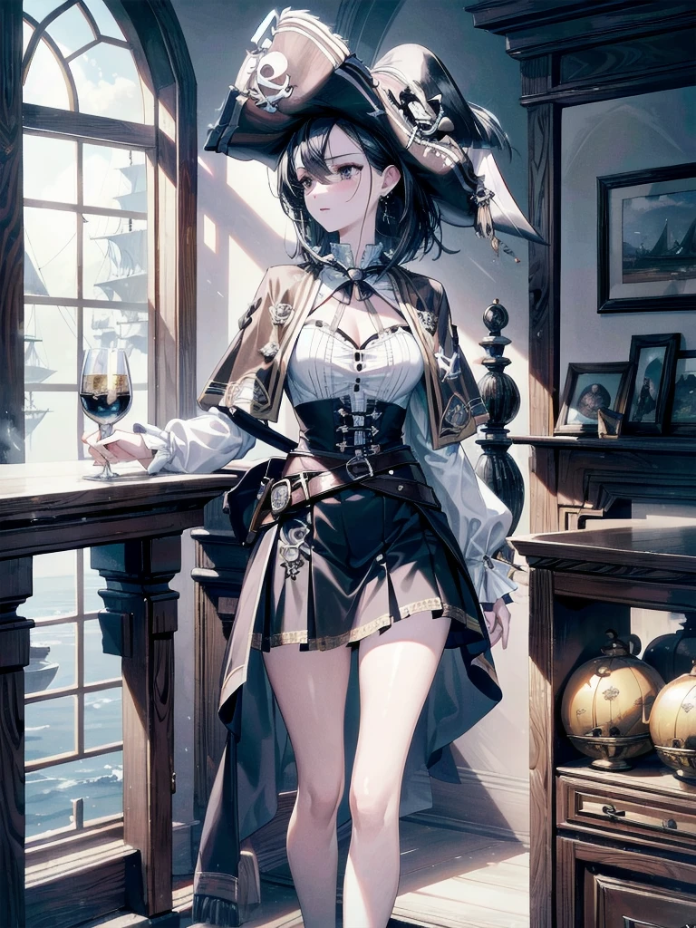 absurdres, RAW photo, extremely delicate and beautiful, masterpiece, Best Quality, ultra high resolution, 32k, hyperrealistic, ultra-detailed, delicate facial features, beautiful detailed woman, tearful mole, earring, medium breasts, full body shot, medium hair, black hair, (Practical pirate clothing), Long-sleeved pirate top, Skirt, torn pirate hat,