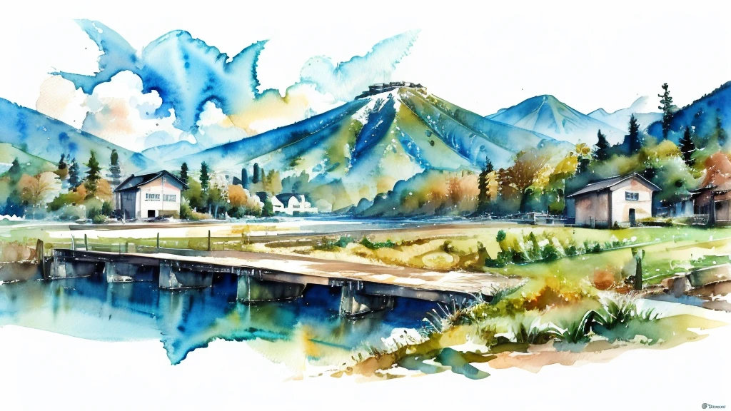 watercolor landscape painting, Japanese countryside scenery,
