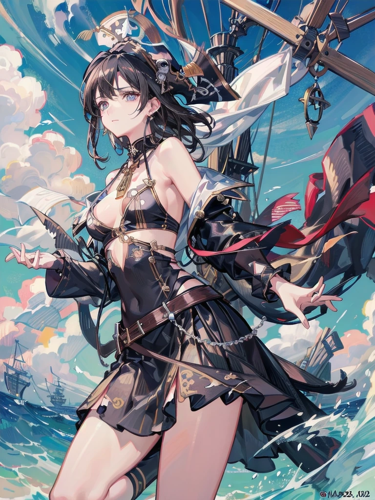 absurdres, RAW photo, extremely delicate and beautiful, masterpiece, Best Quality, ultra high resolution, 32k, hyperrealistic, ultra-detailed, delicate facial features, beautiful detailed woman, tearful mole, earring, medium breasts, full body shot, medium hair, black hair, (Practical pirate clothing), Long-sleeved pirate top, Skirt, torn pirate hat,
