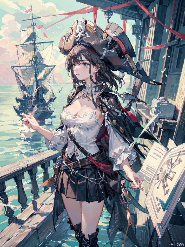 absurdres, RAW photo, extremely delicate and beautiful, masterpiece, Best Quality, ultra high resolution, 32k, hyperrealistic, ultra-detailed, delicate facial features, beautiful detailed woman, tearful mole, earring, medium breasts, full body shot, medium hair, black hair, (Practical pirate clothing), Long-sleeved pirate top, Skirt, torn pirate hat,