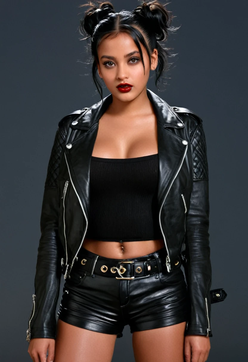 (masterpiece, best quality:1.2), bellissima 1girl, solo, looking at viewer, (grey eyes:1.2), black hair, double buns, jewelry, lips, leather jacket on a black shirt, belt, shorts, messy hair, realistic, convenient censored, dark skinned woman