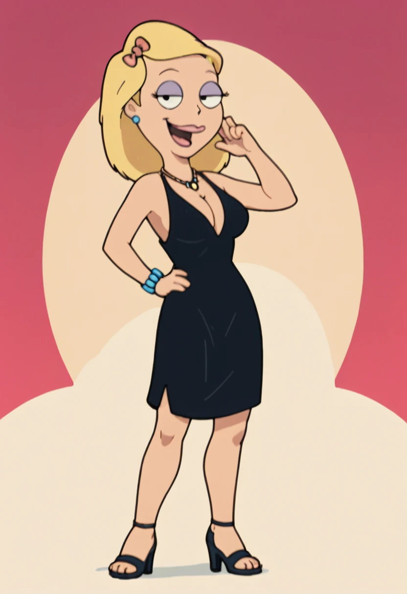 becky, 1girl, blonde hair, solo, breasts, cleavage, black dress, earrings, makeup, hair bow, necklace, high heels, medium breasts, open mouth, smile, bracelet, lipstick,looking at viewer, smile, naughty face,club  score_9, score_8_up, score_7_up, score_6_up, on fours, upper body, seductive smile, aroused, medium elbow squeeze, breasts squeezed together, blushing,