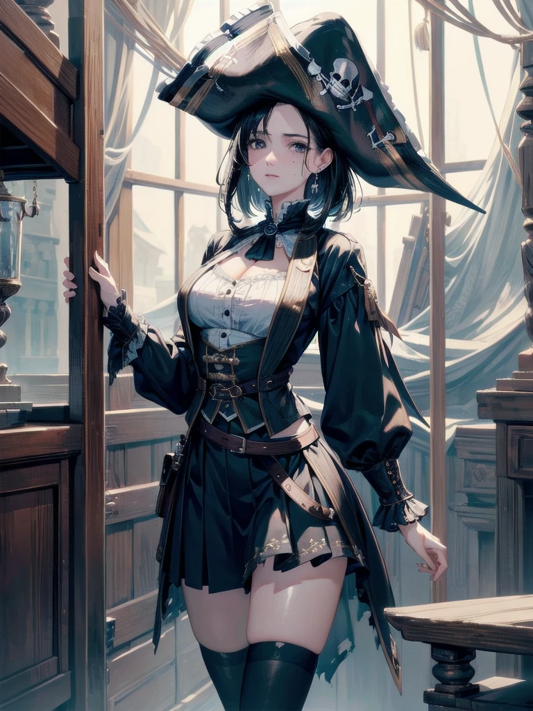 absurdres, RAW photo, extremely delicate and beautiful, masterpiece, Best Quality, ultra high resolution, 32k, hyperrealistic, ultra-detailed, delicate facial features, beautiful detailed woman, tearful mole, earring, medium breasts, full body shot, medium hair, black hair, (Practical pirate clothing), Long-sleeved pirate top, Skirt, torn pirate hat,