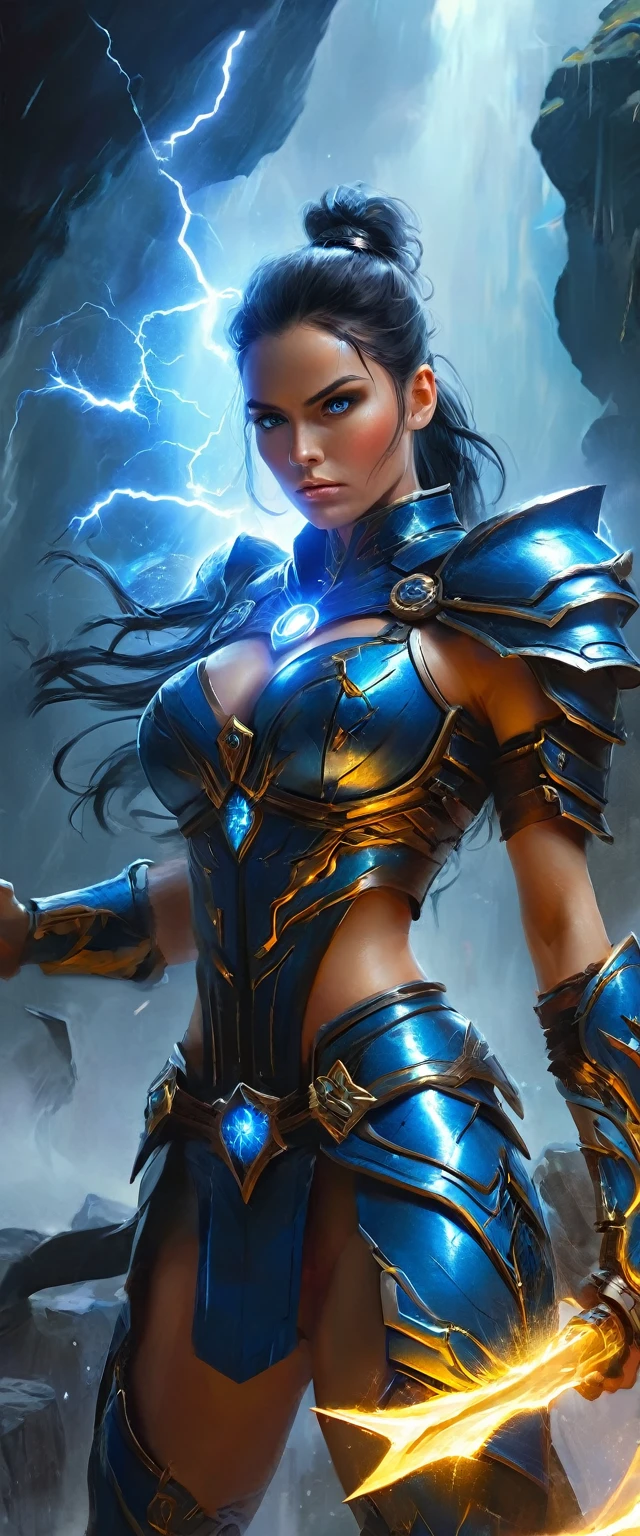 MILF, evil beautiful and very muscular female Nordic storm giant with blue black hair in a ponytail, older and mature looking , throwing a lightning bolt, glowing tattoos, wearing steel runic plate mail Armour , temple cave background with lightning storm, glowing blue eyes, powerful and imposing, square jawline