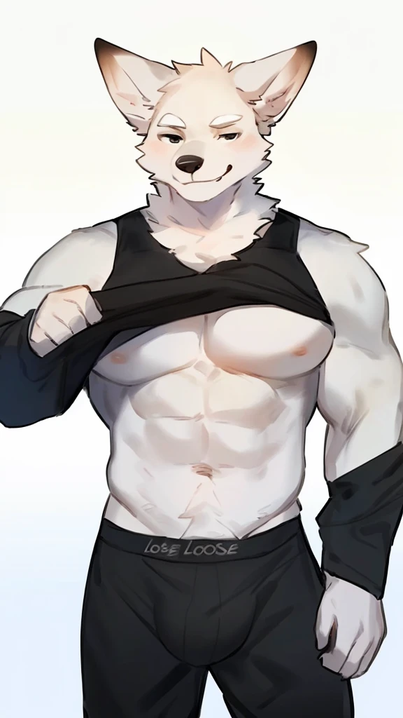 By bebebebebe, by lostgoose, by goonie-san, solo, ((snout, ears)), canine, ( Arctic Fox ), male, smirking, (muscle, muscular), Black Boxer pants
