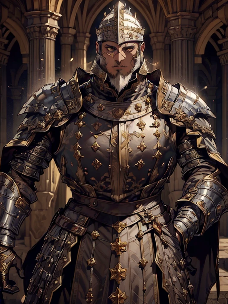 (((man))), dark brown hair, ((short beard)), Dark-skinned man, short hair, yellow eyes, medieval knight costume, ((army captain armor, silverarmor)), medieval clothing 19th century, detailed face, detailed clothing, Beautiful, inside the silver palace, With a sword, cold look, rude