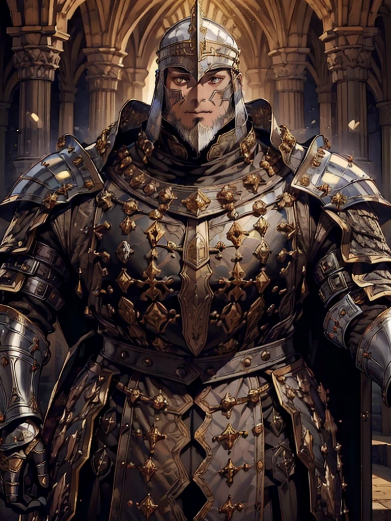 (((man))), dark brown hair, ((short beard)), Dark-skinned man, short hair, yellow eyes, medieval knight costume, ((army captain armor, silverarmor)), medieval clothing 19th century, detailed face, detailed clothing, Beautiful, inside the silver palace, With a sword, cold look, rude