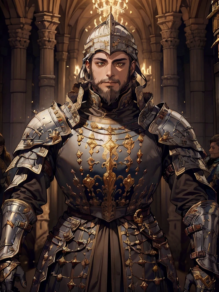 (((man))), dark brown hair, ((short beard)), Dark-skinned man, short hair, yellow eyes, medieval knight costume, ((army captain armor, silverarmor)), medieval clothing 19th century, detailed face, detailed clothing, Beautiful, inside the silver palace, With a sword, cold look, rude