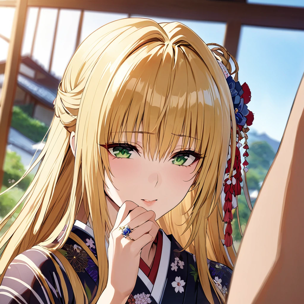 A woman is raped and violated by a man、((Highest quality)), ((masterpiece)), (detailed), (Perfect Face)、The woman in the Japanese garden is a Japanese Tiare, wearing a gorgeous and dazzling kimono, gorgeous hair ornaments, gorgeous jeweled accessories, and an engagement ring.、The woman is an elegant Tieryu with green eyes and blonde medium-long hair. The woman is a Japanese Tieryu wearing a Japanese kimono.