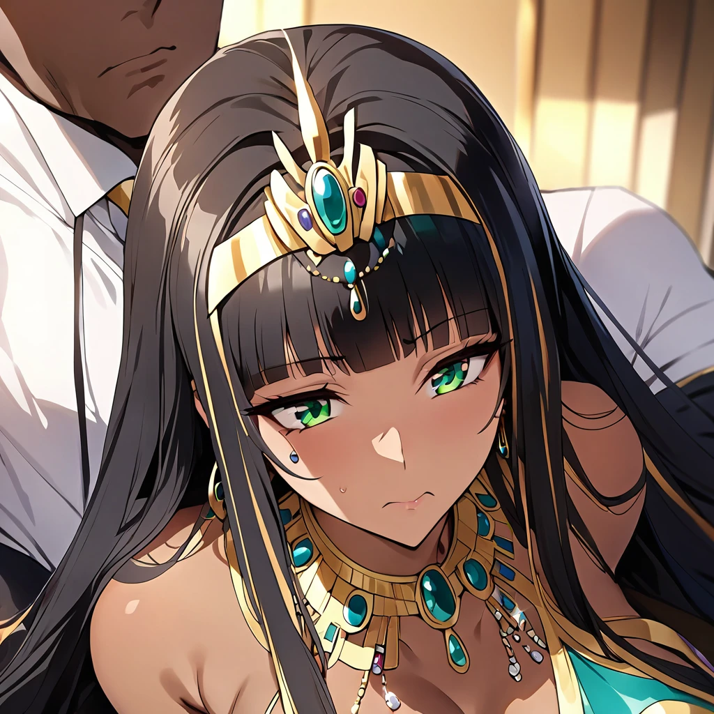 A woman is raped and violated by a man、((Highest quality)), ((masterpiece)), (detailed), (Perfect Face)、The woman was a Muslim Egyptian Tiara with bright brown skin, wearing a gorgeous and dazzling Cleopatra costume from an Egyptian palace, a gorgeous Cleopatra crown, a gorgeous black cloak, gorgeous jeweled accessories, and an engagement ring, just like Cleopatra herself.、The woman was an elegant Tiara with green eyes and medium-long blonde hair. She was a Muslim Egyptian Tiara with bright brown skin, wearing a gorgeous and glittering Cleopatra costume and a gorgeous Cleopatra crown.、(The woman is a dark-skinned Egyptian named Tiara.)