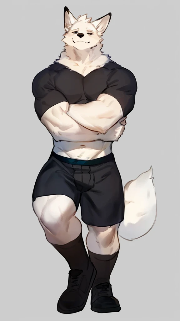 By bebebebebe, by lostgoose, by goonie-san, solo, ((snout, ears)), canine, ( Arctic Fox ), male, smirking, (muscle, muscular), only Black Boxer pants