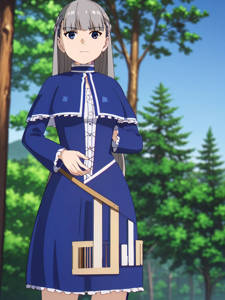 (8K, Highest quality, Highest quality, masterpiece), standing, 1girl, fullbody, solo, cowboy shot, (forest landscape), (summer sky), smile, Shorts, outdoors, leafs in the air

lawine, long hair, bangs, blue eyes, gray hair, braid, low-tied long hair, long sleeves, frills, shorts
