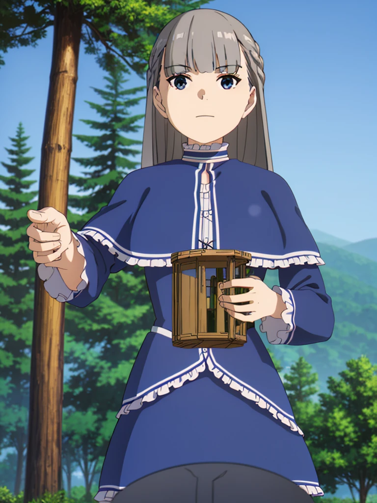 (8K, Highest quality, Highest quality, masterpiece), standing, 1girl, fullbody, solo, cowboy shot, (forest landscape), (summer sky), smile, Shorts, outdoors, leafs in the air

lawine, long hair, bangs, blue eyes, gray hair, braid, low-tied long hair, long sleeves, frills, shorts
