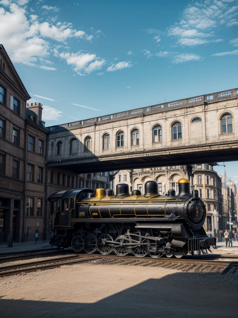 Create a train with black color and yellow details, moving image, passing through the city, Art Canvas, locomotive artistic painting. exuberante, impressive. blue sky. day Of course. city in the background. people walking.