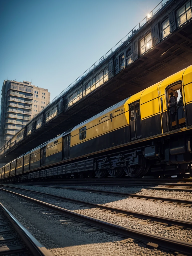 Create a train with black color and yellow details, moving image, passing through the city, Art Canvas, locomotive artistic painting. exuberante, impressive. blue sky. day Of course. city in the background. people walking.