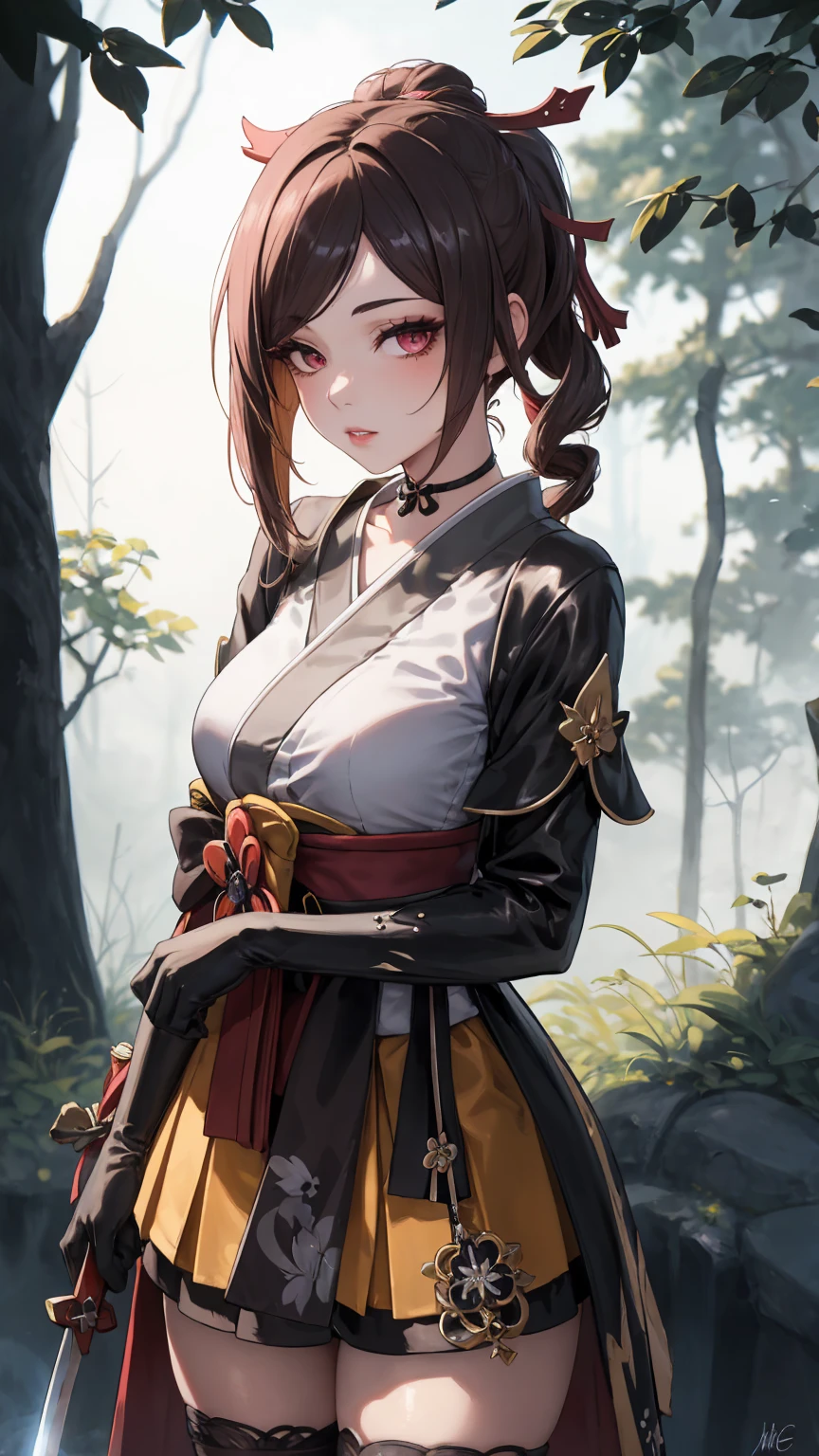  Masterpiece, Beautiful art, professional artist, 8k, Very detailed face, Detailed clothing, detailed fabric, 1 girl, Chiori \(genshin impact\), standing, perfectly drawn body, shy expression, pale skin, beautiful face, long black hair, 4k eyes, very detailed eyes, pink cheeks, choker:1.6, (white collar button down long sleeve shirt), black gloves, gloves that cover hands, (holds a Japanese sword with his right hand), (black leather corset), (shiny black tight mini skirt), Sensual Lips , evening de invierno, show details in the eyes, looking at the viewer, Dark road, dark forest, evening, Atmosphere, fog