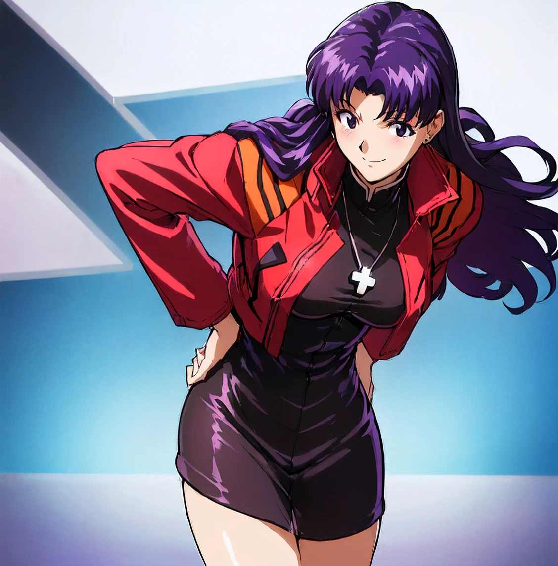 ((1girl)), ((alone)),katsuragi misato , ((extremely detailed CG unity 4k wallpaper)), (masterpiece), (ultra quality), (ultra detailed), (best illustration), (best shadow), (extremely detailed), looking at viewer, (absurdities), (detailed background), curvy body, dynamic pose, cowboy photo, medium breasts, medium waist, wide hips, wide thighs, round butt,(( eyes brown,purple hair,long hair,porcelain skin,shiny hair,(big eyes:1.2),(smile:1.2),black dress:1.3,tight dress,neckline:1.3,cross necklace,high neck dress,bare legs ,short red jacket:1.4, open jacket, )),smile, closed mouth)), standing, cowboy photo, backlight, ((solo)), ((standing: 1.4, interior, futuristic base, Cyberpunk,( stoic expression, blushing, sexy, closed mouth, sexy pose), looking forward, ((focus on hips), point of view: (from below), perfect anatomy, perfect hands,