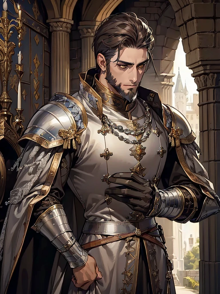 (((man))), dark brown hair, ((short beard)), Dark-skinned man, short hair, yellow eyes, medieval knight costume, ((army captain armor, silverarmor)), medieval clothing 19th century, detailed face, detailed clothing, Beautiful, inside the silver palace, With a sword, cold look, rude