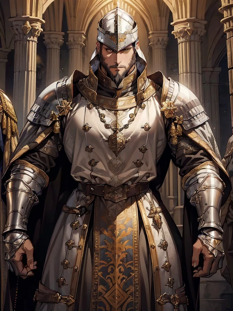 (((man))), dark brown hair, ((short beard)), Dark-skinned man, short hair, yellow eyes, medieval knight costume, ((army captain armor, silverarmor)), medieval clothing 19th century, detailed face, detailed clothing, Beautiful, inside the silver palace, With a sword, cold look, rude