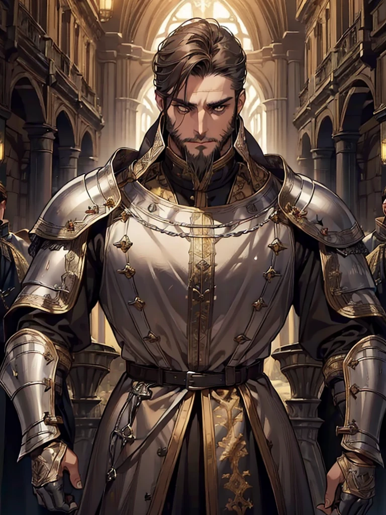 (((man))), dark brown hair, ((short beard)), Dark-skinned man, short hair, yellow eyes, medieval knight costume, ((army captain armor, silverarmor)), medieval clothing 19th century, detailed face, detailed clothing, Beautiful, inside the silver palace, With a sword, cold look, rude