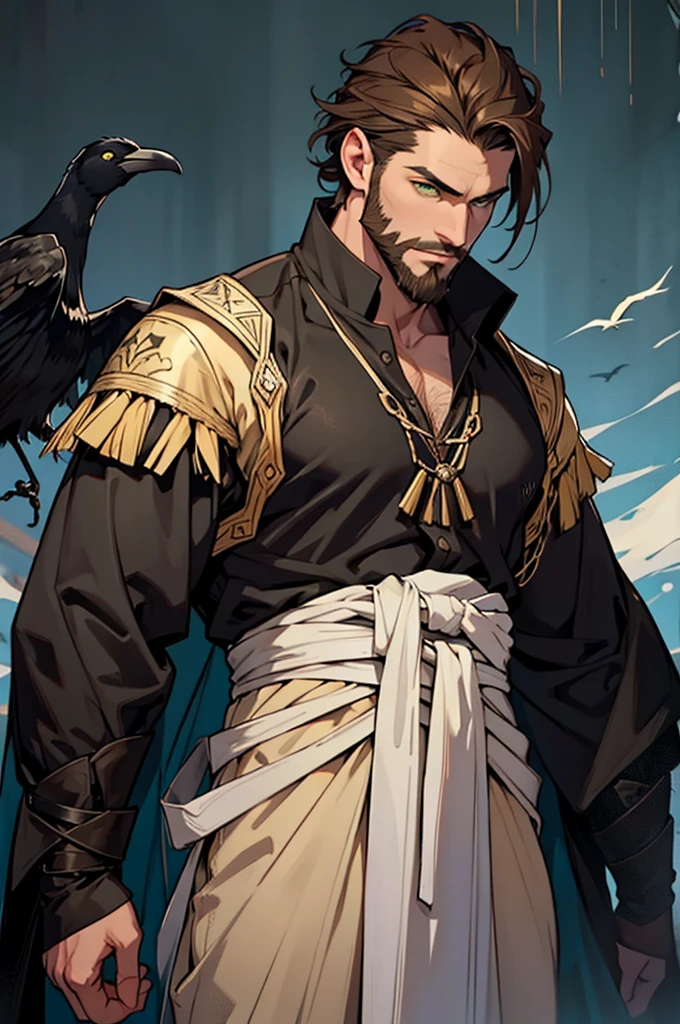beautiful character painting, best quality, Dark background、A handsome tall man, He is 28 years old,Thin waist,muscular , He is 210cm tall,Weight 62 kg、yellow-green eyes、brown hair color, brown beard, short hair、Toples, Hairy chest ,Wearing a transparent black gauze sheet ghost costume, Countless crows flying in the sky,underwear,Black feather,looking into camera