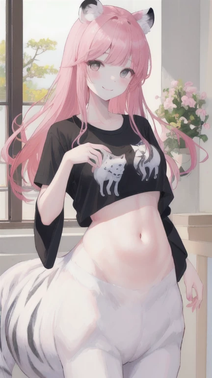 (best quality, masterpiece), 1 girl, centaur, It takes, White skin, Japanese ,daughter,black pink,Smiling, exposing the abdomen, belly button t-shirt , 아름다운 소녀 perfect white tiger photo, perfect white tiger photo